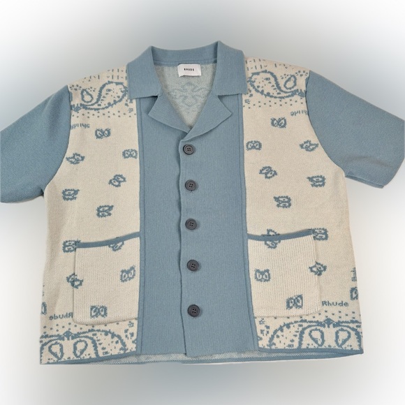 Rhude Other - RHUDE Men's Blue Cream Button Down Banco Knit Short Sleeve Shirt Size Med